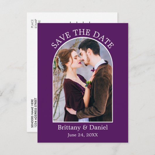 Carte Postale Cadre Arc Moderne Photo Violet Enregistrer La Date (Devant / Derrière)