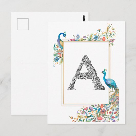 Carte Postale Cadre avec aquarelle paons et fleurs - A (Devant / Derrière)