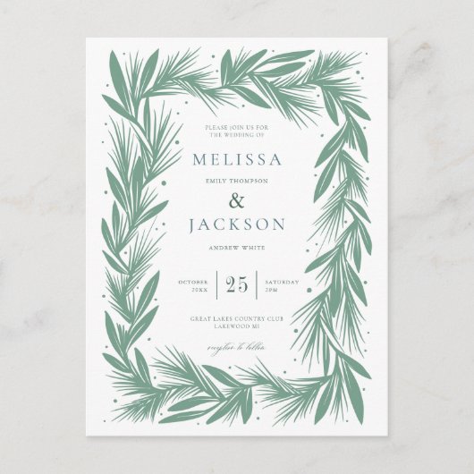 Carte Postale Cadre de Mariage de couronne d'hiver moderne vert (Devant)