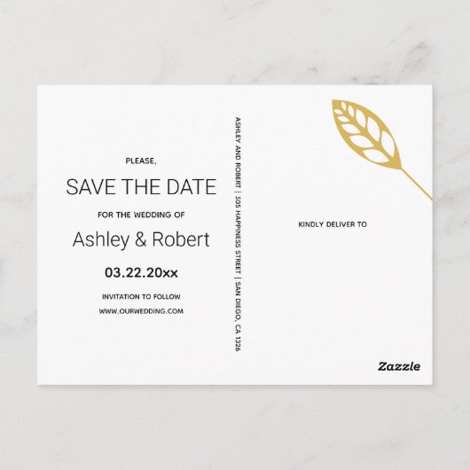 Carte Postale Cadre doré avec feuille et initiales Save the Date (Dos)