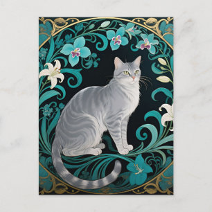 Carte Postale Cadre floral orné chat gris