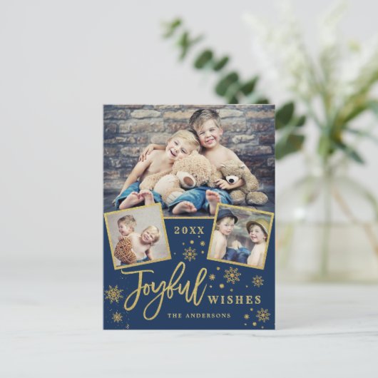 Carte Postale Cadre Or Joyeux Script moderne 3 PHOTO Salutation (Debout devant)