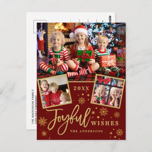 Carte Postale Cadre Or Joyeux Script moderne 3 PHOTO Salutation (Devant / Derrière)