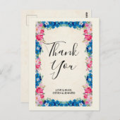 Carte Postale Cadre rose et bleu Fleur Mariage élégant Merci (Devant / Derrière)