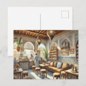 Carte Postale Café à Casablanca Maroc Aquarelle Peinture (Devant / Derrière)