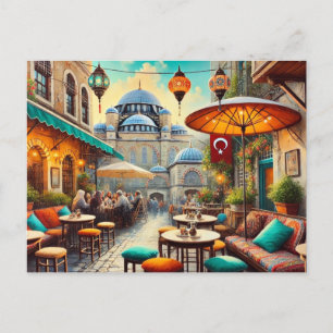 Carte Postale Café à Istanbul aquarelle peinture