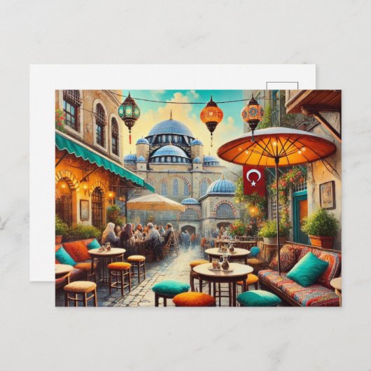 Carte Postale Café à Istanbul aquarelle peinture (Devant / Derrière)