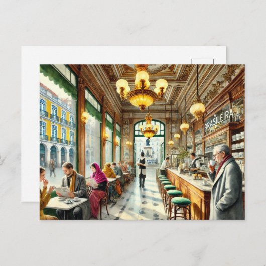 Carte Postale Café à Lisbonne aquarelle (Devant / Derrière)