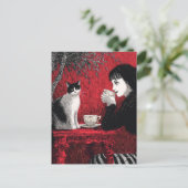 Carte Postale Café avec un chat Noir Blanc Rouge (Debout devant)