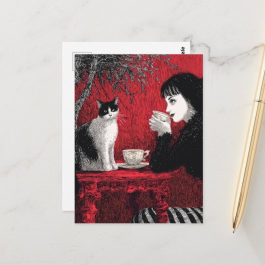 Carte Postale Café avec un chat Noir Blanc Rouge (Devant/Arrière en situation)