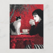 Carte Postale Café avec un chat Noir Blanc Rouge (Devant)
