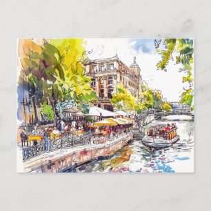 Carte Postale Café de la rivière Spree à Berlin Mitte aquarelle