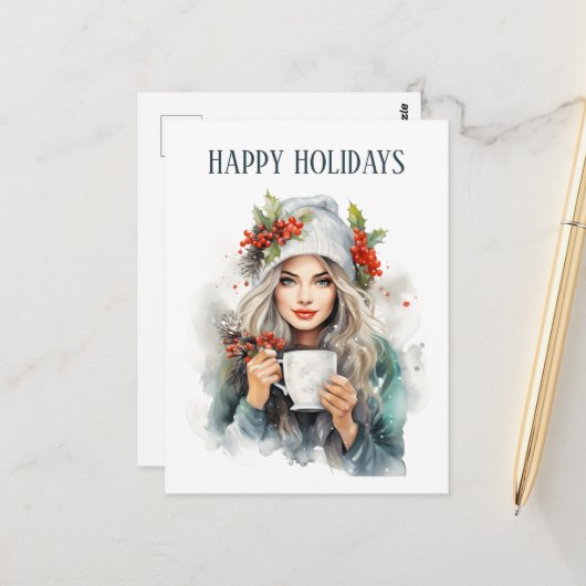 Carte Postale café de Noël fête dame ajouter un texte (Devant/Arrière en situation)
