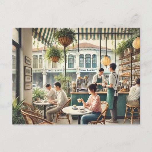 Carte Postale Café en peinture aquarelle à Singapour (Devant)