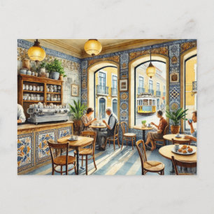 Carte Postale Café en tramway jaune Lisbonne Aquarelle