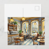 Carte Postale Café en tramway jaune Lisbonne Aquarelle (Devant / Derrière)