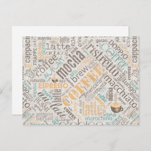 Carte Postale Café sur Burlap Word Cloud Turquoise ID283 (Devant / Derrière)