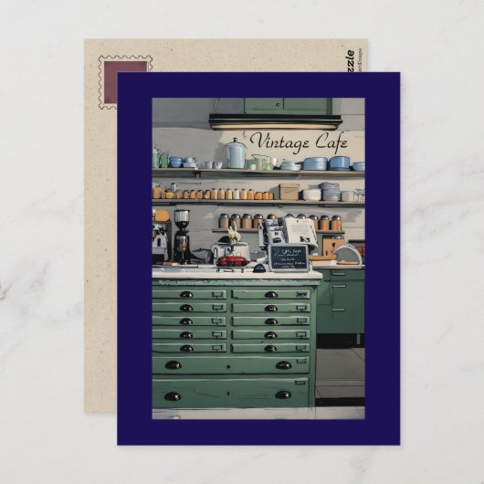 Carte Postale Cafe Vintage Café Bleu Vert Personnel (Devant / Derrière)