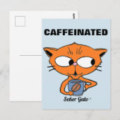 Carte Postale "CAFFEINÉ" Señor Gato avec mug à café (Devant / Derrière)