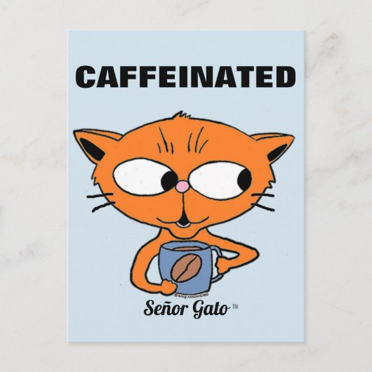 Carte Postale "CAFFEINÉ" Señor Gato avec mug à café (Devant)
