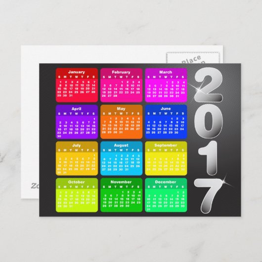Carte Postale Calendrier 2017 en couleurs vives arc-en-ciel (Devant / Derrière)