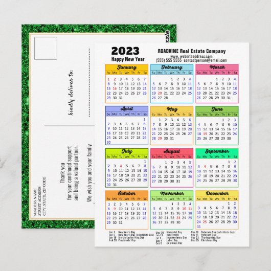 Carte Postale Calendrier 2023 Black Script Green Parties scintil (Devant / Derrière)