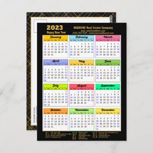 Carte Postale Calendrier 2023 Modern Black Gold Script Business (Devant / Derrière)