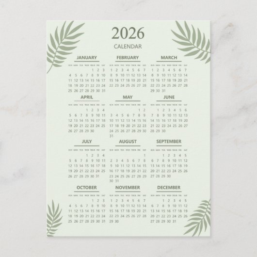 Carte Postale Calendrier 2026 Boho Floral Esage esthétique Vert (Devant)