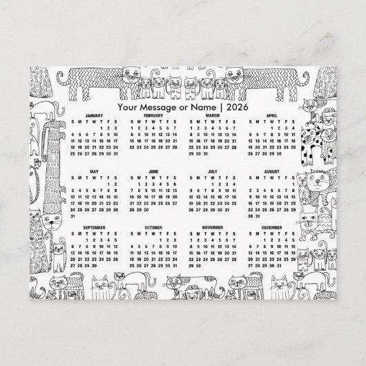 Carte Postale Calendrier 2026 pour chats avec message ou nom per (Devant)