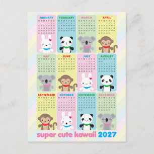 Carte Postale Calendrier 2027 Animaux Super Mignons Kawaii