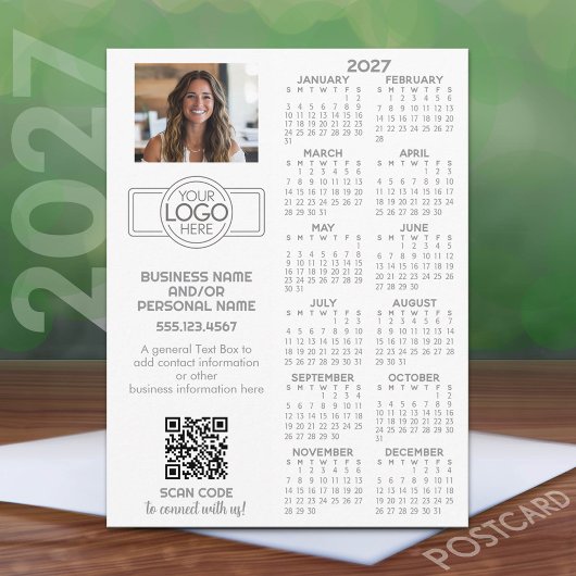Carte Postale Calendrier 2027 avec logo, QR Code, Photo et Plus