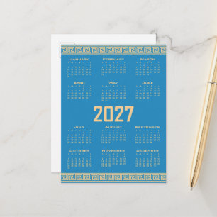 Carte Postale Calendrier 2027, Frette Grecque, Beige sur Bleu Co