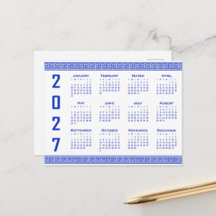 Carte Postale Calendrier 2027, Frette Grecque, Bleu Grec sur Fon