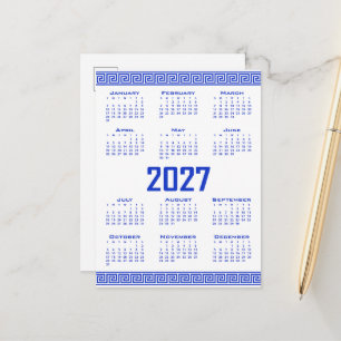 Carte Postale Calendrier 2027, Frette Grecque, Bleu Grec sur Fon