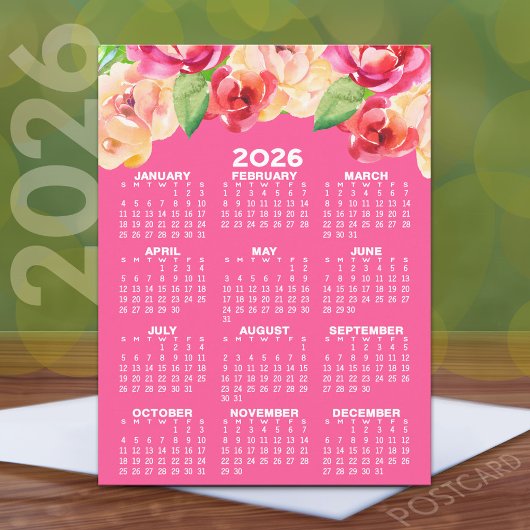 Carte Postale Calendrier aux fleurs aquarelles peintes rose