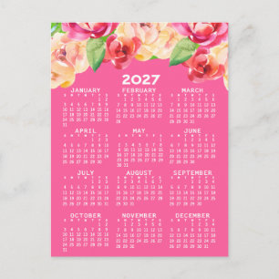 Carte Postale Calendrier aux fleurs aquarelles roses