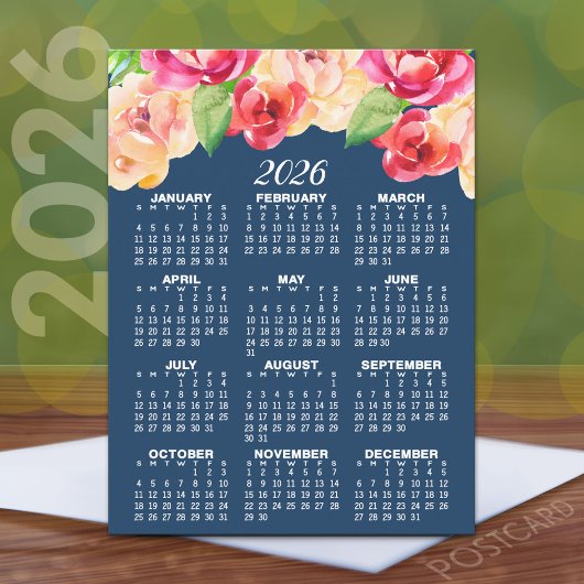Carte Postale Calendrier avec des fleurs d'aquarelle peintes