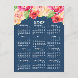 Carte Postale Calendrier avec des fleurs d'aquarelle peintes