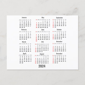 Carte Postale Calendrier blanc 2024 sur 52 semaines