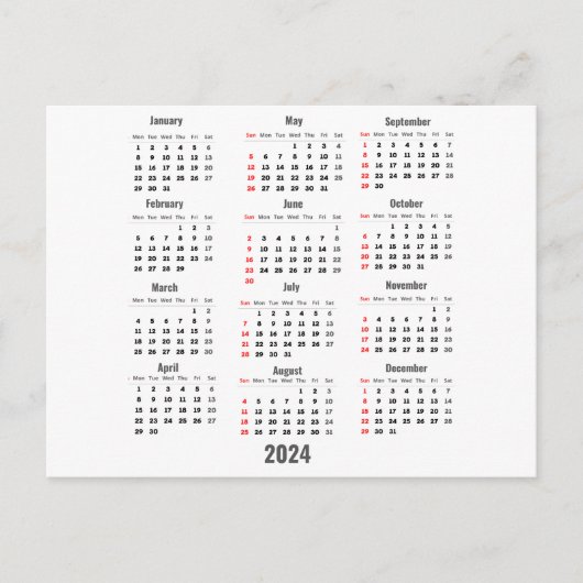 Carte Postale Calendrier blanc 2024 sur 52 semaines (Devant)