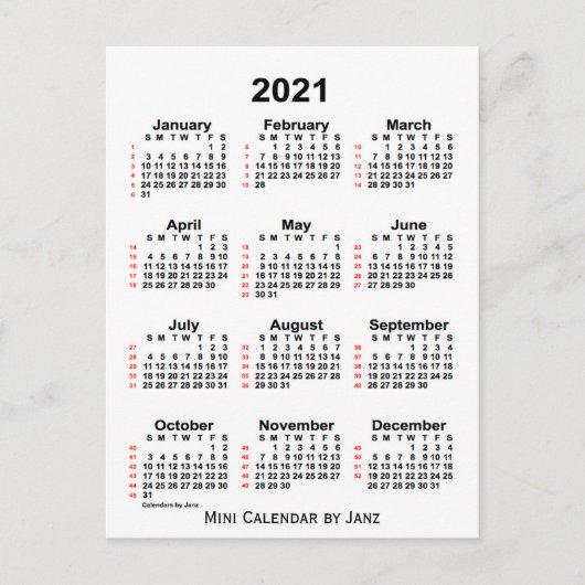 Carte Postale Calendrier blanc de 52 semaines 2021 par Janz (Devant)