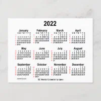 Calendrier mensuel 2022 à imprimer, fond blanc, taille mini