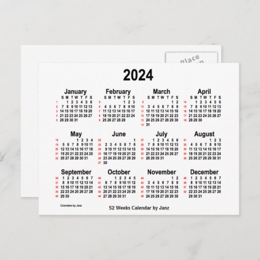 Carte Postale Calendrier blanc de 52 semaines 2024 par Janz (Devant / Derrière)