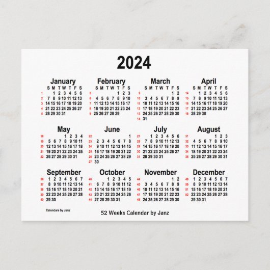 Carte Postale Calendrier blanc de 52 semaines 2024 par Janz (Devant)