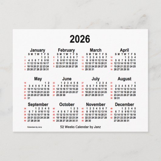 Carte Postale Calendrier blanc de 52 semaines 2026 par Janz (Devant)