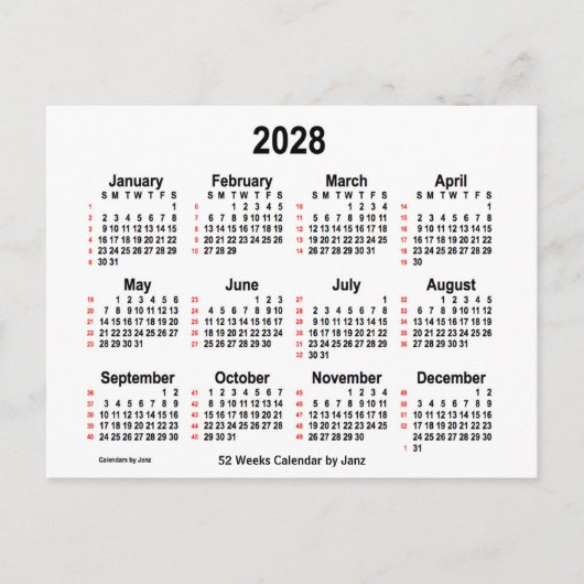 Carte Postale Calendrier blanc de 52 semaines 2028 par Janz (Devant)