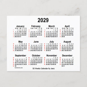 Carte Postale Calendrier blanc de 52 semaines 2029 par Janz