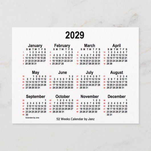 Carte Postale Calendrier blanc de 52 semaines 2029 par Janz (Devant)