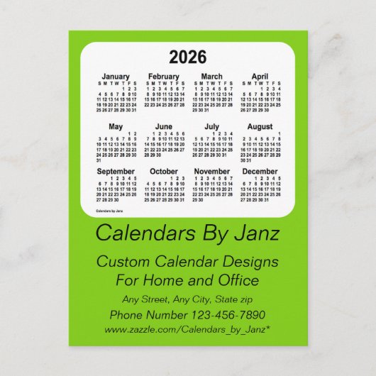 Carte Postale Calendrier commercial jaune vert 2026 de Janz (Devant)