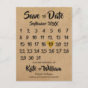 Carte Postale Calendrier de Coeur en Or Rustique Kraft Enregistr